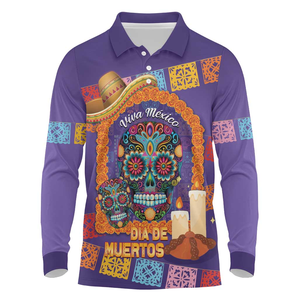 Mexico Day Of The Dead Long Sleeve Polo Shirt Sombrero Sugar Skull Marigold Pan De Muerto - Wonder Print Shop
