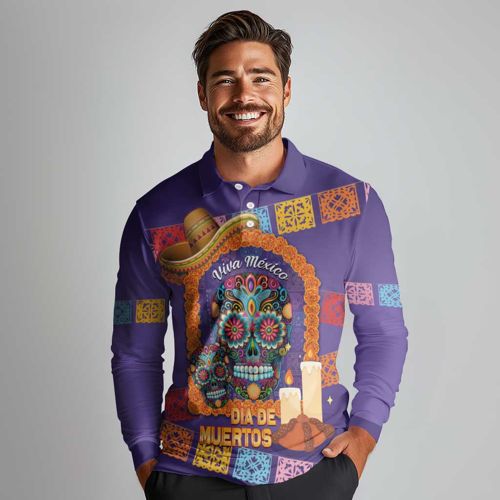 Mexico Day Of The Dead Long Sleeve Polo Shirt Sombrero Sugar Skull Marigold Pan De Muerto - Wonder Print Shop