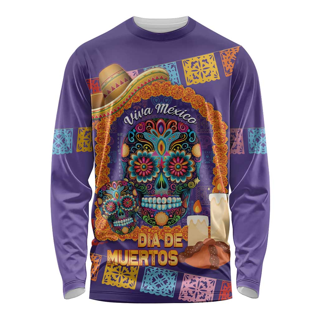 Mexico Day Of The Dead Long Sleeve Shirt Sombrero Sugar Skull Marigold Pan De Muerto - Wonder Print Shop