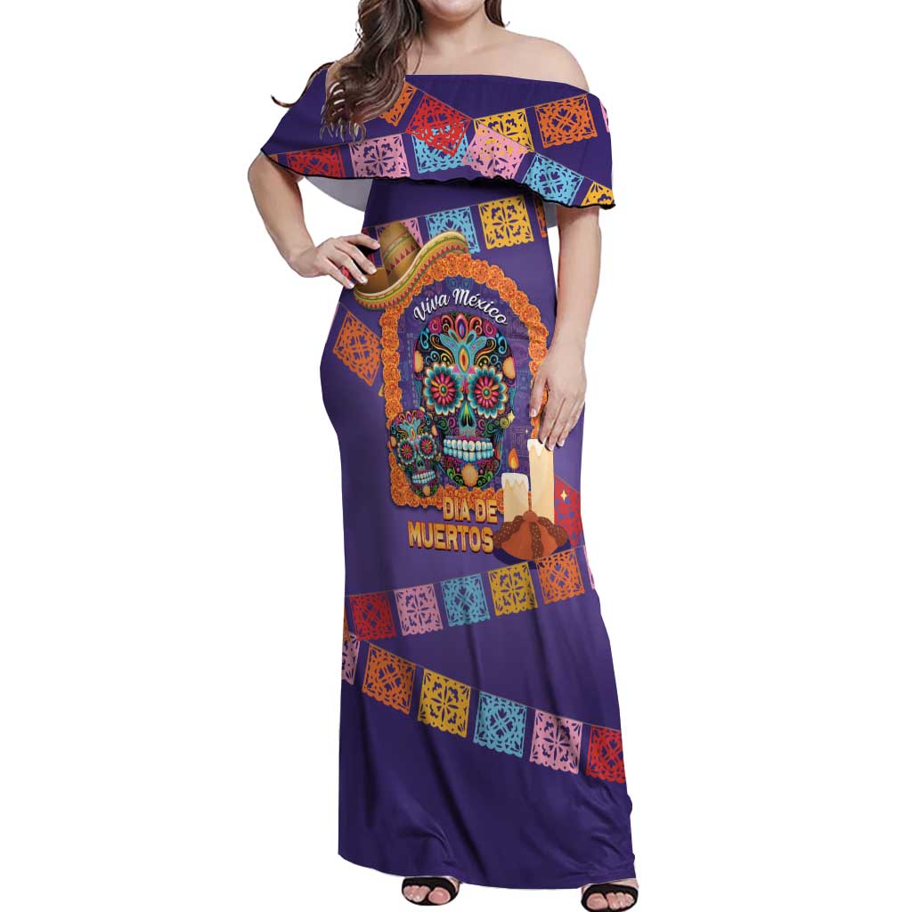 Mexico Day Of The Dead Off Shoulder Maxi Dress Sombrero Sugar Skull Marigold Pan De Muerto - Wonder Print Shop