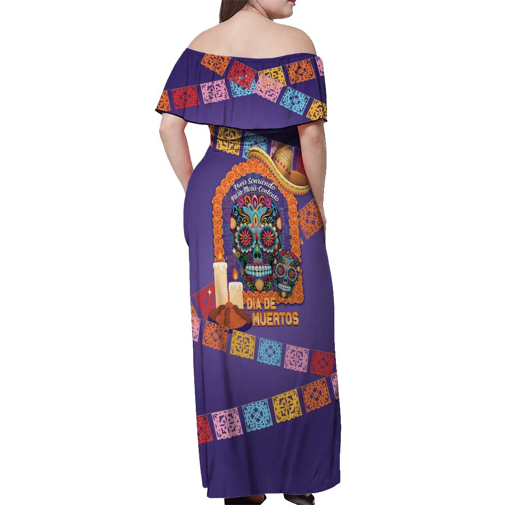 Mexico Day Of The Dead Off Shoulder Maxi Dress Sombrero Sugar Skull Marigold Pan De Muerto - Wonder Print Shop