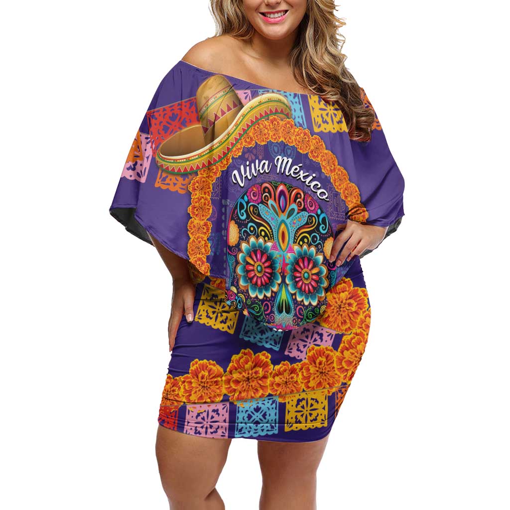Mexico Day Of The Dead Off Shoulder Short Dress Sombrero Sugar Skull Marigold Pan De Muerto - Wonder Print Shop