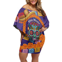Mexico Day Of The Dead Off Shoulder Short Dress Sombrero Sugar Skull Marigold Pan De Muerto - Wonder Print Shop