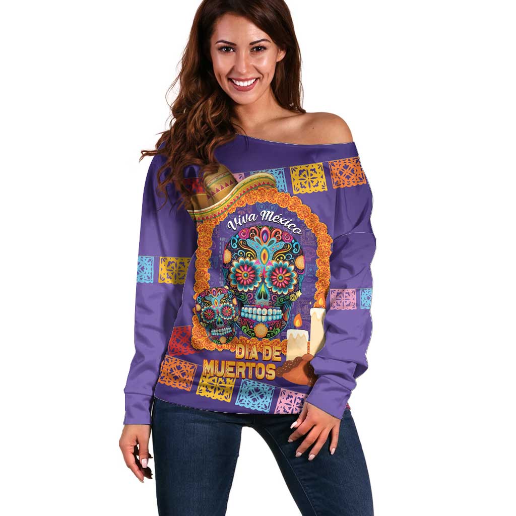 Mexico Day Of The Dead Off Shoulder Sweater Sombrero Sugar Skull Marigold Pan De Muerto - Wonder Print Shop