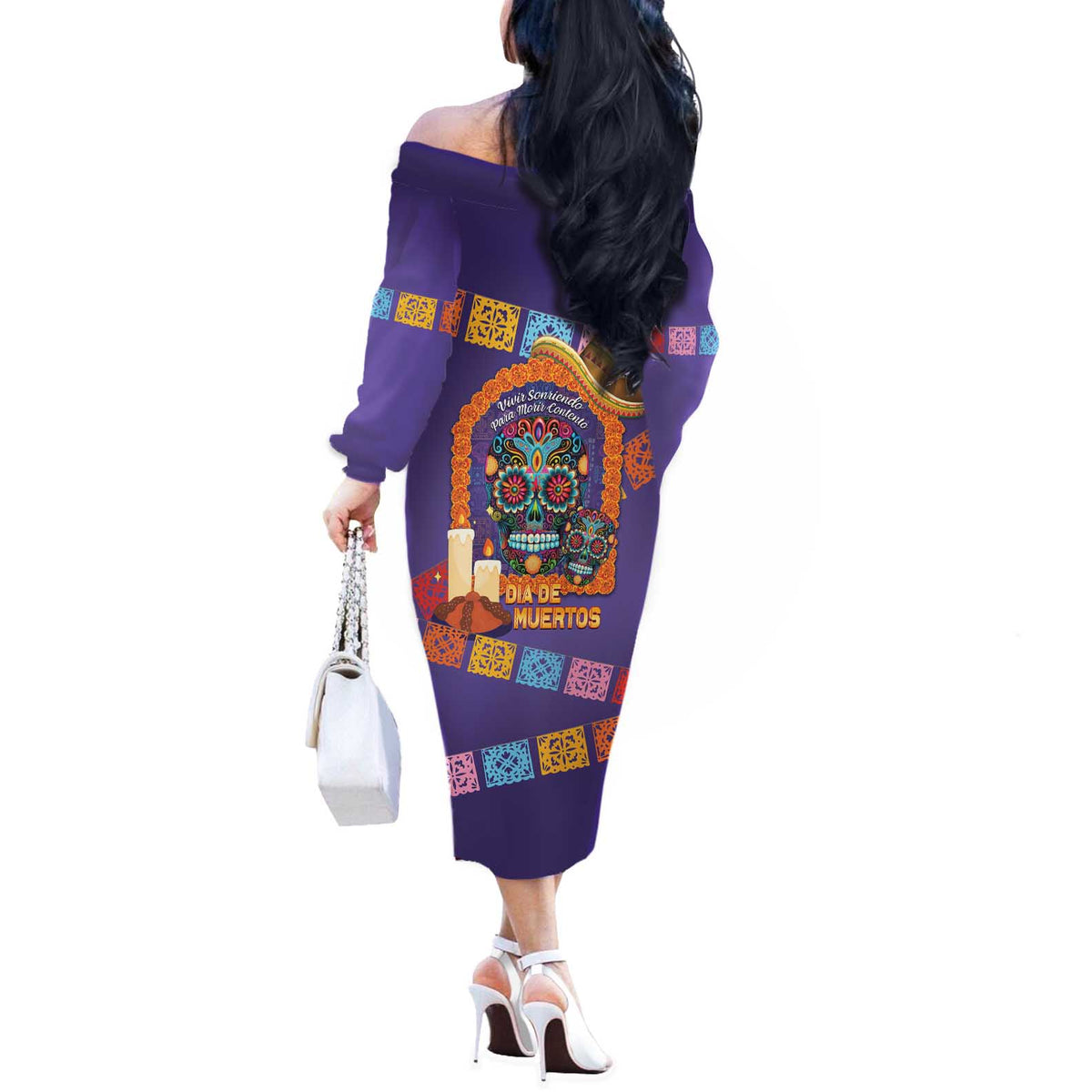 Mexico Day Of The Dead Off The Shoulder Long Sleeve Dress Sombrero Sugar Skull Marigold Pan De Muerto - Wonder Print Shop