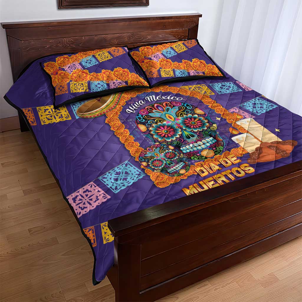 Mexico Day Of The Dead Quilt Bed Set Sombrero Sugar Skull Marigold Pan De Muerto - Wonder Print Shop