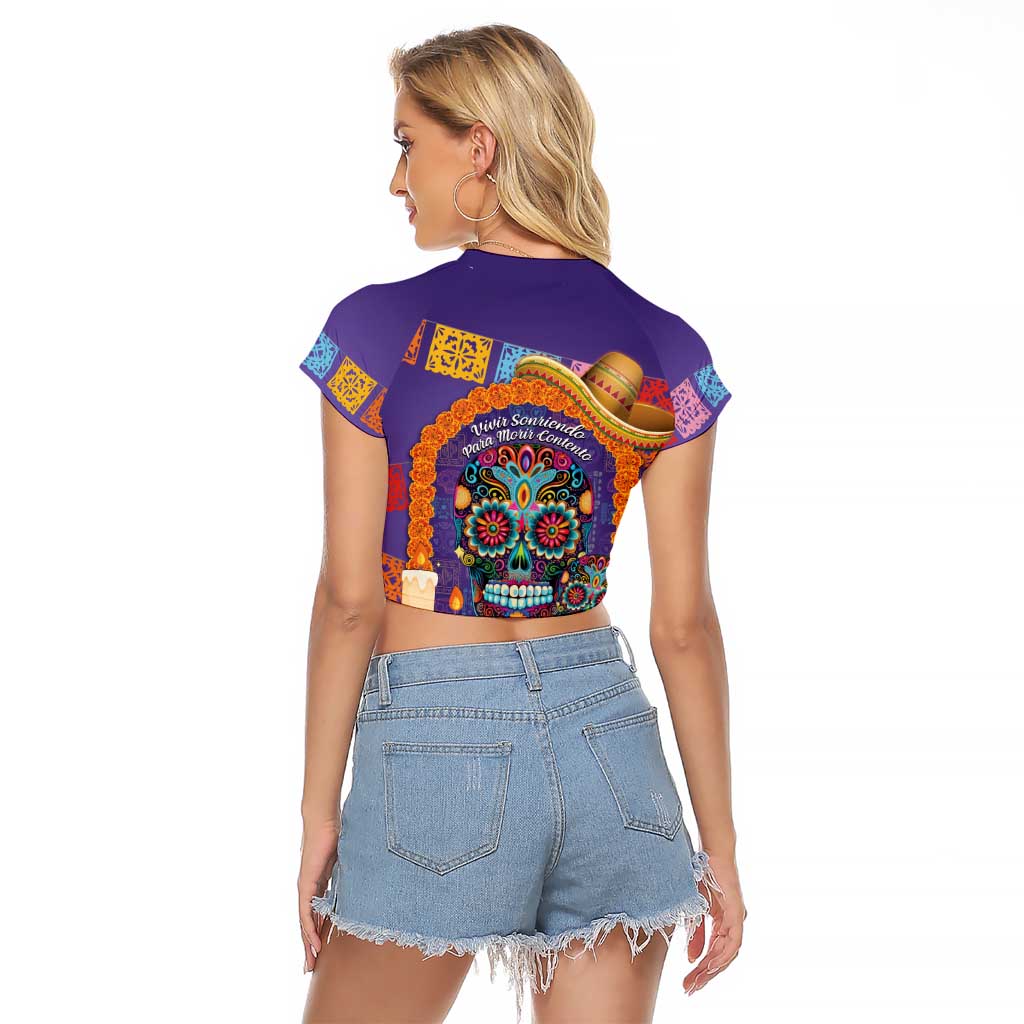 Mexico Day Of The Dead Raglan Cropped T Shirt Sombrero Sugar Skull Marigold Pan De Muerto - Wonder Print Shop