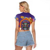Mexico Day Of The Dead Raglan Cropped T Shirt Sombrero Sugar Skull Marigold Pan De Muerto - Wonder Print Shop