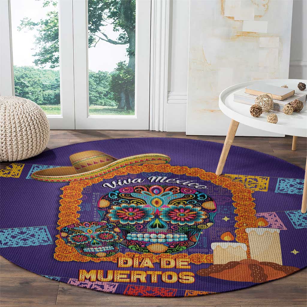 Mexico Day Of The Dead Round Carpet Sombrero Sugar Skull Marigold Pan De Muerto - Wonder Print Shop