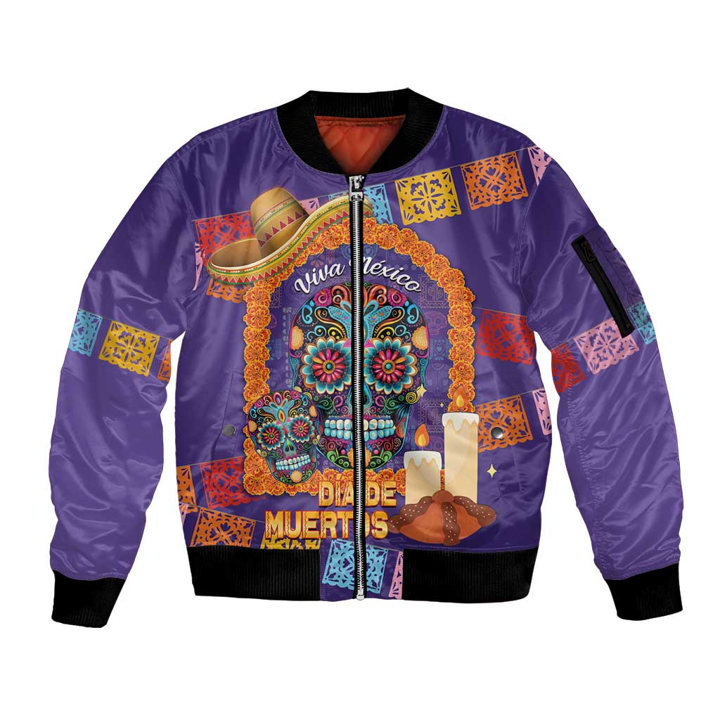Mexico Day Of The Dead Sleeve Zip Bomber Jacket Sombrero Sugar Skull Marigold Pan De Muerto - Wonder Print Shop
