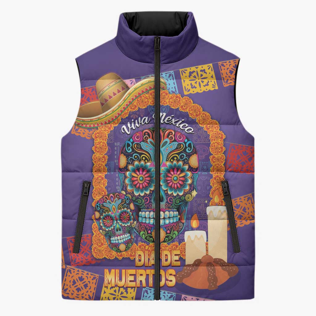 Mexico Day Of The Dead Sleeveless Puffer Jacket Sombrero Sugar Skull Marigold Pan De Muerto - Wonder Print Shop