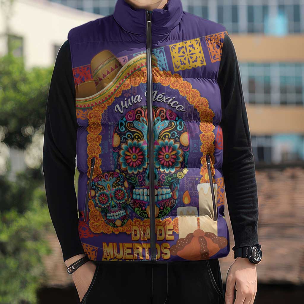 Mexico Day Of The Dead Sleeveless Puffer Jacket Sombrero Sugar Skull Marigold Pan De Muerto - Wonder Print Shop