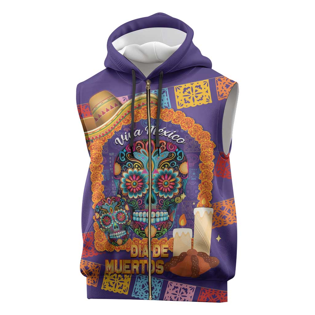 Mexico Day Of The Dead Sleeveless Zip Hoodie Sombrero Sugar Skull Marigold Pan De Muerto - Wonder Print Shop