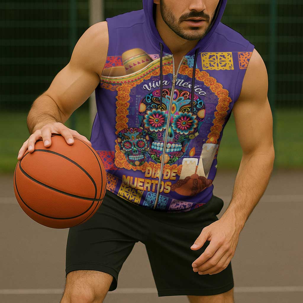 Mexico Day Of The Dead Sleeveless Zip Hoodie Sombrero Sugar Skull Marigold Pan De Muerto - Wonder Print Shop