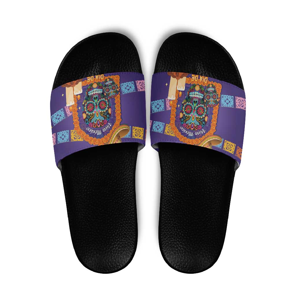 Mexico Day Of The Dead Slide Sandals Sombrero Sugar Skull Marigold Pan De Muerto - Wonder Print Shop