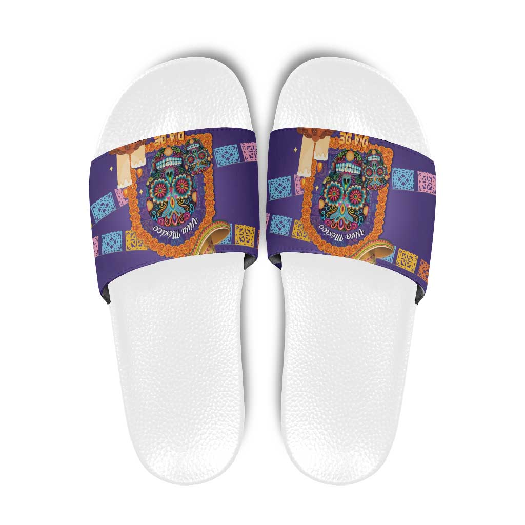 Mexico Day Of The Dead Slide Sandals Sombrero Sugar Skull Marigold Pan De Muerto - Wonder Print Shop