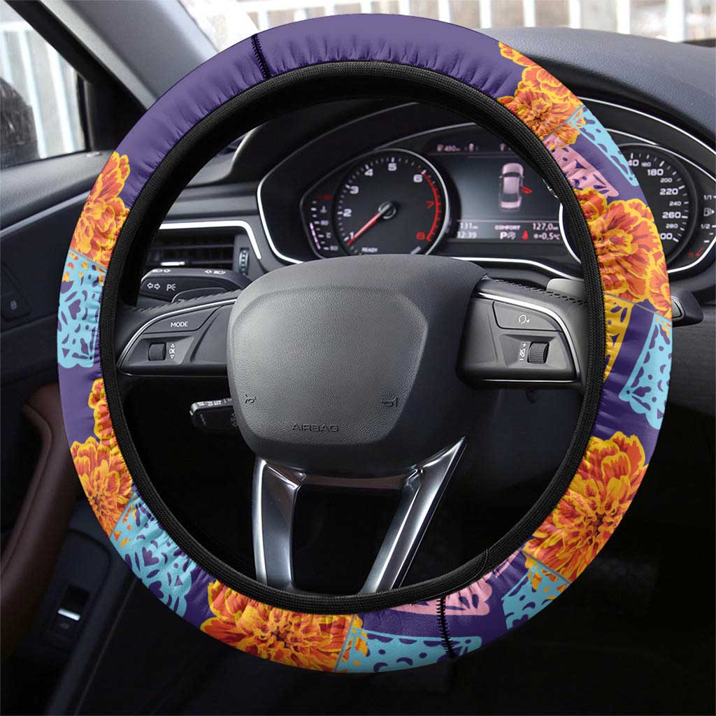 Mexico Day Of The Dead Steering Wheel Cover Sombrero Sugar Skull Marigold Pan De Muerto - Wonder Print Shop