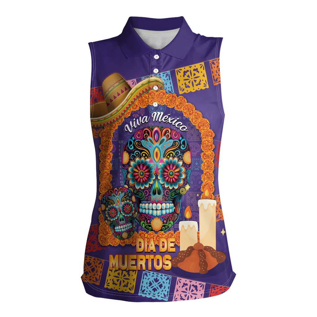 Mexico Day Of The Dead Women Sleeveless Polo Shirt Sombrero Sugar Skull Marigold Pan De Muerto - Wonder Print Shop