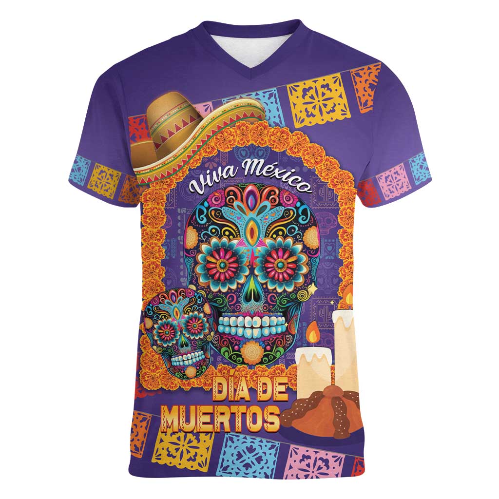 Mexico Day Of The Dead Women V-Neck T-Shirt Sombrero Sugar Skull Marigold Pan De Muerto - Wonder Print Shop