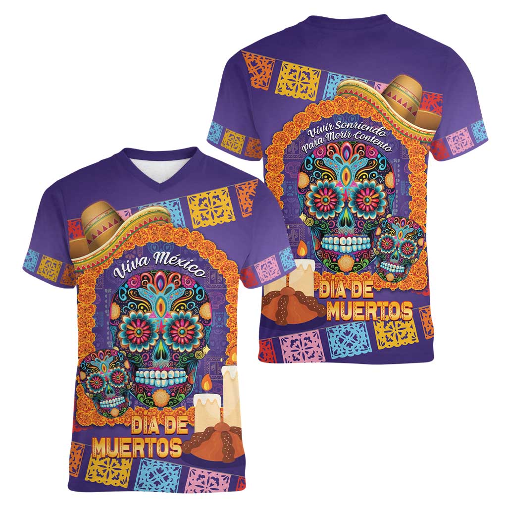 Mexico Day Of The Dead Women V-Neck T-Shirt Sombrero Sugar Skull Marigold Pan De Muerto - Wonder Print Shop