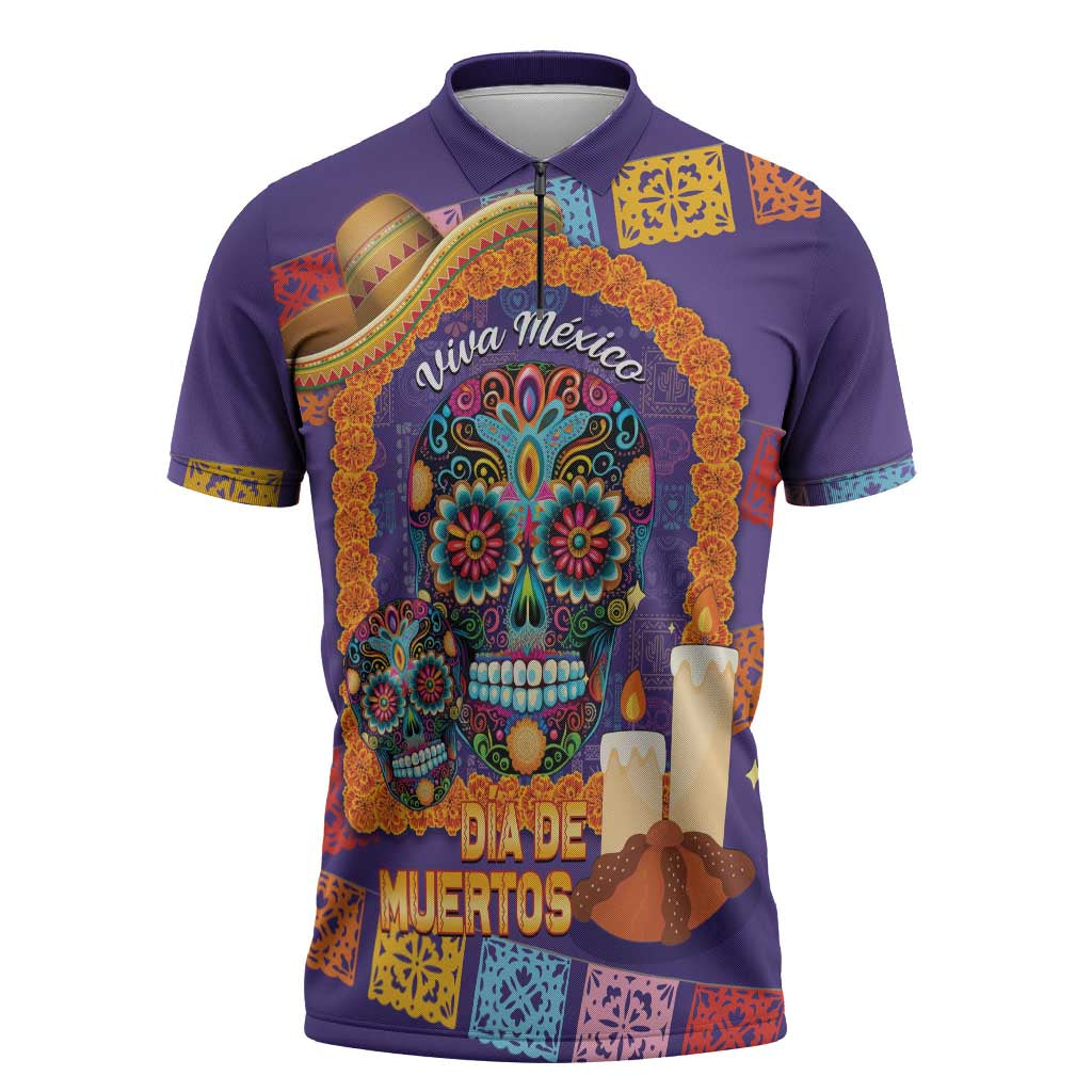 Mexico Day Of The Dead Zipper Polo Shirt Sombrero Sugar Skull Marigold Pan De Muerto - Wonder Print Shop