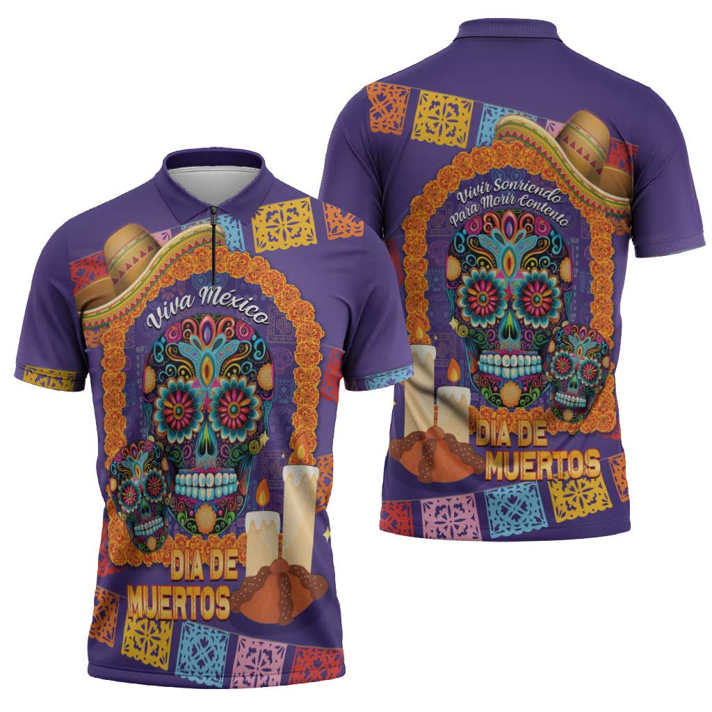 Mexico Day Of The Dead Zipper Polo Shirt Sombrero Sugar Skull Marigold Pan De Muerto - Wonder Print Shop