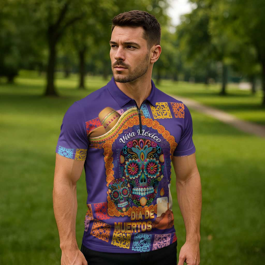 Mexico Day Of The Dead Zipper Polo Shirt Sombrero Sugar Skull Marigold Pan De Muerto - Wonder Print Shop