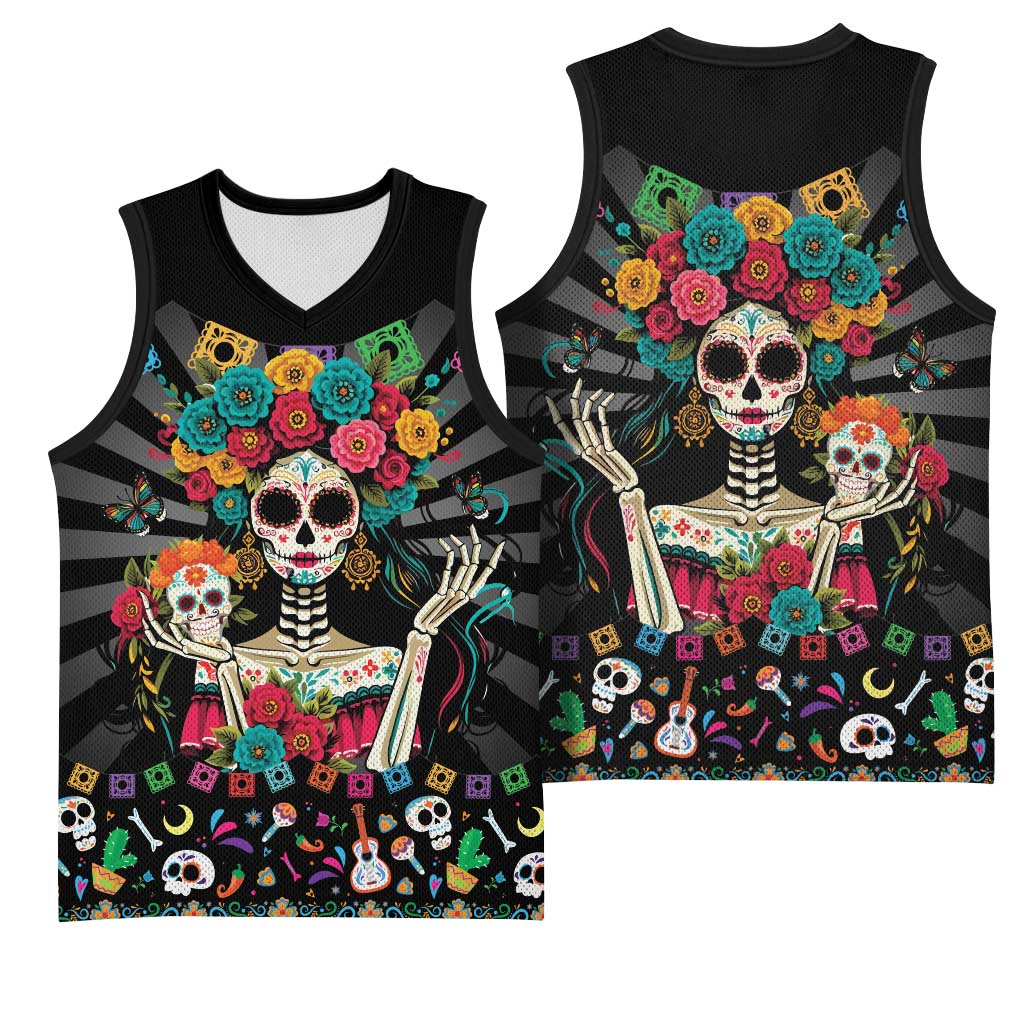 Mexican La Catrina Basketball Jersey Viva Mexico Dia De Muertos - Wonder Print Shop