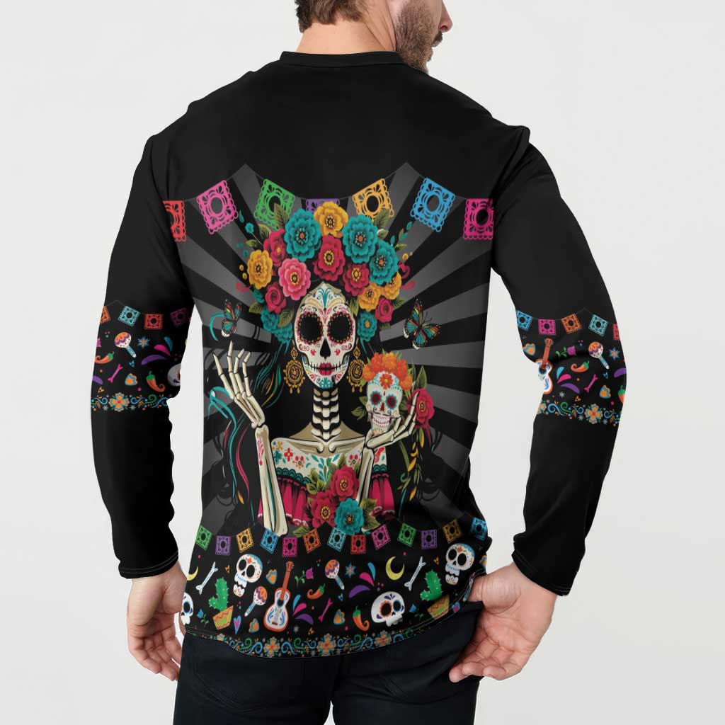 Mexican La Catrina Button Sweatshirt Viva Mexico Dia De Muertos - Wonder Print Shop