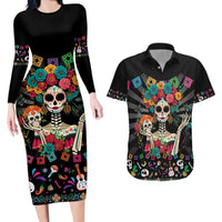 Mexican La Catrina Couples Matching Long Sleeve Bodycon Dress and Hawaiian Shirt Viva Mexico Dia De Muertos - Wonder Print Shop