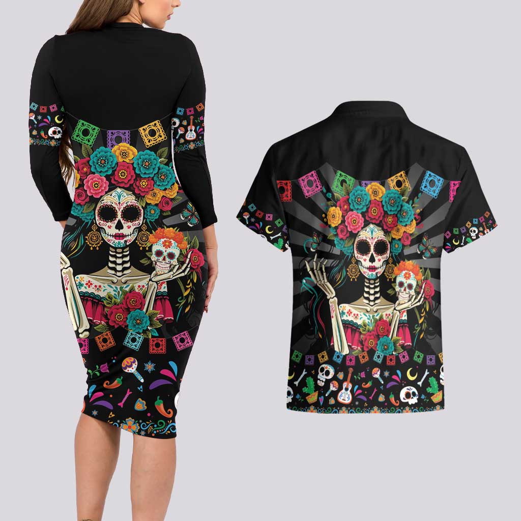 Mexican La Catrina Couples Matching Long Sleeve Bodycon Dress and Hawaiian Shirt Viva Mexico Dia De Muertos - Wonder Print Shop