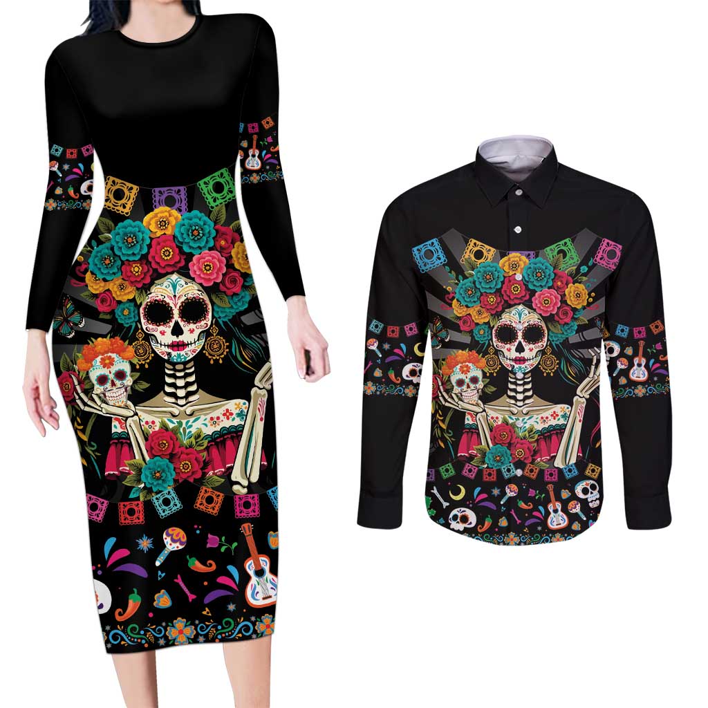 Mexican La Catrina Couples Matching Long Sleeve Bodycon Dress and Long Sleeve Button Shirt Viva Mexico Dia De Muertos - Wonder Print Shop
