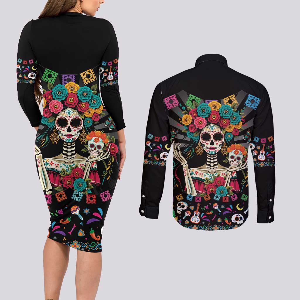 Mexican La Catrina Couples Matching Long Sleeve Bodycon Dress and Long Sleeve Button Shirt Viva Mexico Dia De Muertos - Wonder Print Shop