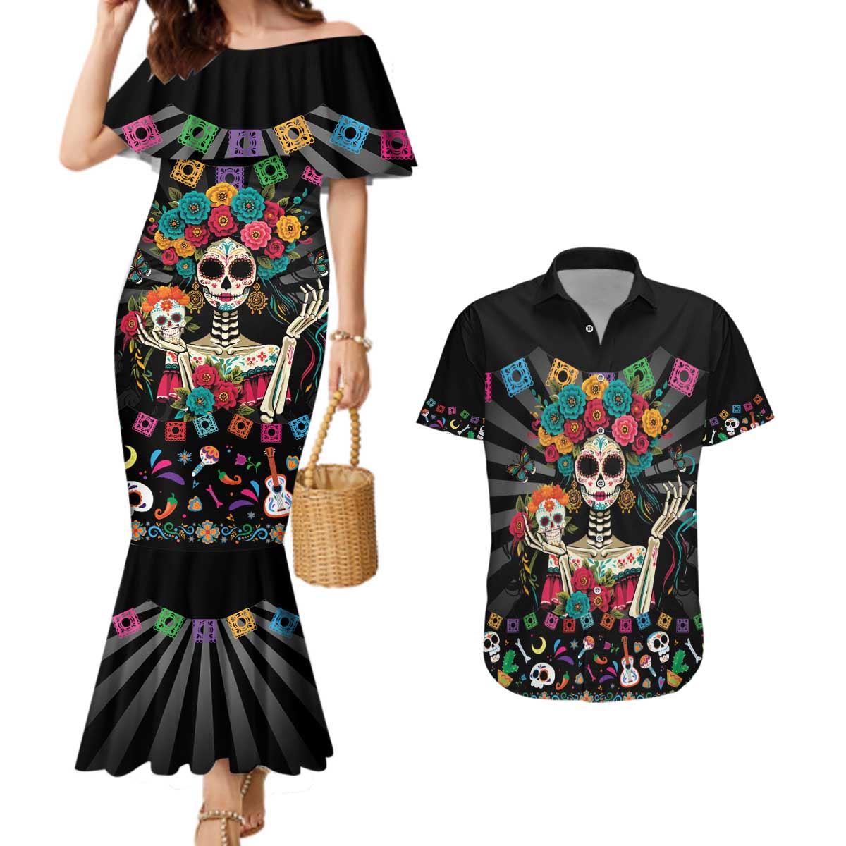 Mexican La Catrina Couples Matching Mermaid Dress and Hawaiian Shirt Viva Mexico Dia De Muertos - Wonder Print Shop