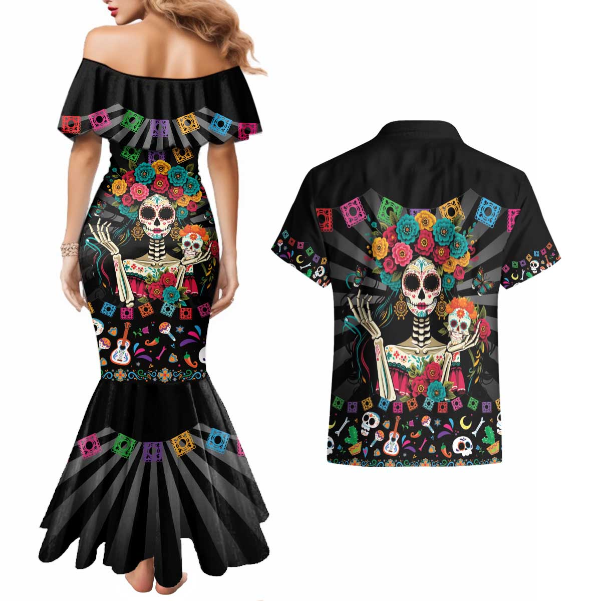Mexican La Catrina Couples Matching Mermaid Dress and Hawaiian Shirt Viva Mexico Dia De Muertos - Wonder Print Shop
