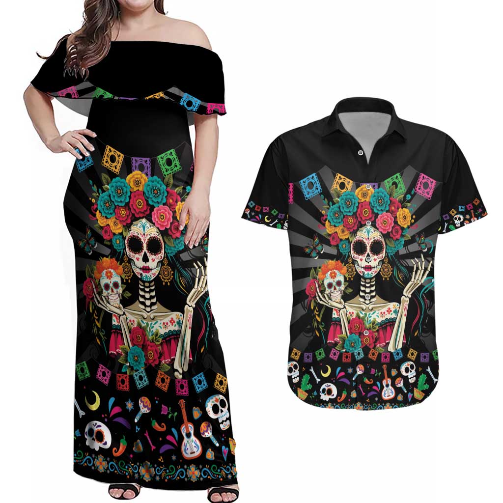 Mexican La Catrina Couples Matching Off Shoulder Maxi Dress and Hawaiian Shirt Viva Mexico Dia De Muertos - Wonder Print Shop