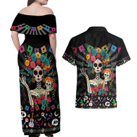 Mexican La Catrina Couples Matching Off Shoulder Maxi Dress and Hawaiian Shirt Viva Mexico Dia De Muertos - Wonder Print Shop