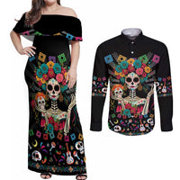 Mexican La Catrina Couples Matching Off Shoulder Maxi Dress and Long Sleeve Button Shirt Viva Mexico Dia De Muertos - Wonder Print Shop