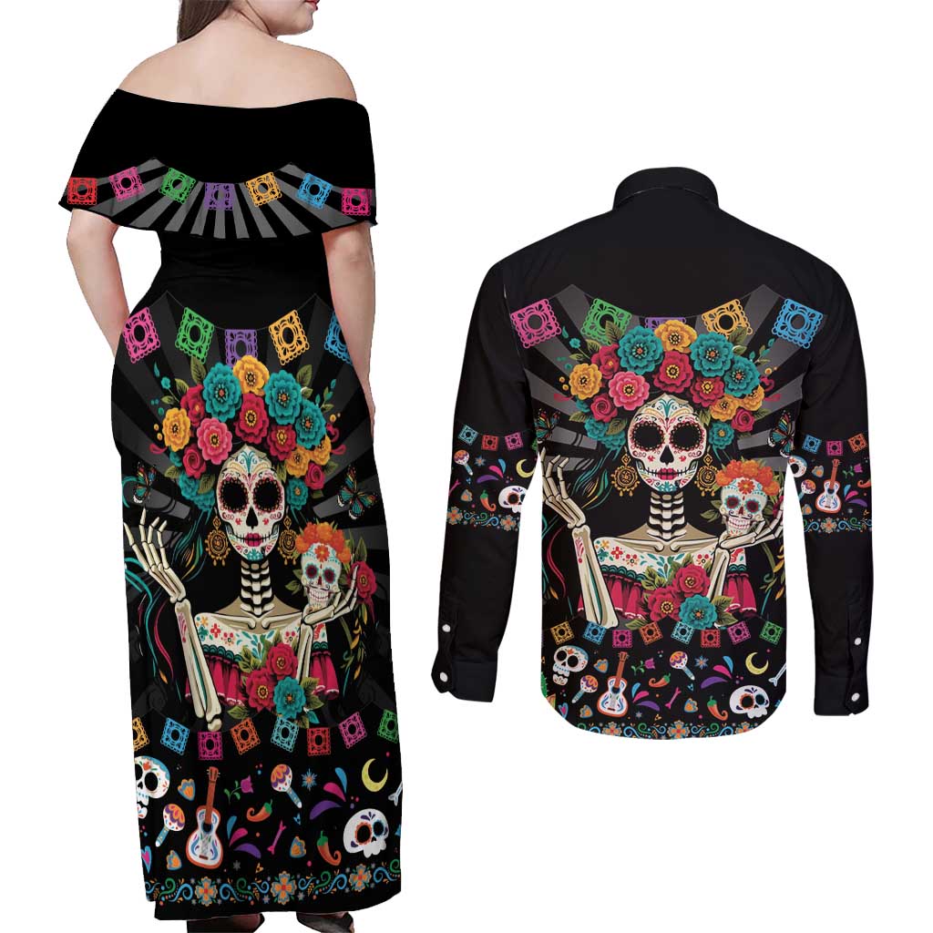 Mexican La Catrina Couples Matching Off Shoulder Maxi Dress and Long Sleeve Button Shirt Viva Mexico Dia De Muertos - Wonder Print Shop