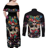 Mexican La Catrina Couples Matching Off Shoulder Maxi Dress and Long Sleeve Button Shirt Viva Mexico Dia De Muertos - Wonder Print Shop