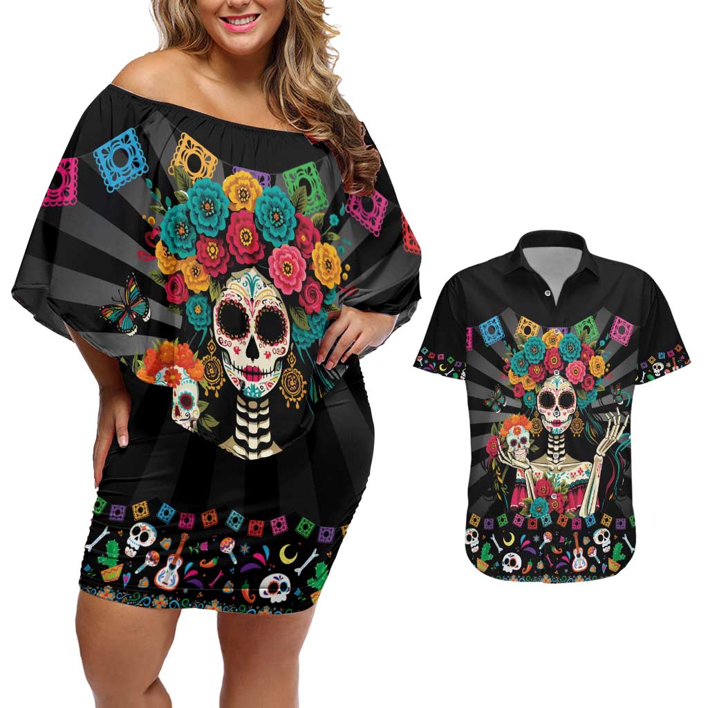 Mexican La Catrina Couples Matching Off Shoulder Short Dress and Hawaiian Shirt Viva Mexico Dia De Muertos - Wonder Print Shop