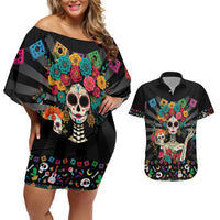 Mexican La Catrina Couples Matching Off Shoulder Short Dress and Hawaiian Shirt Viva Mexico Dia De Muertos - Wonder Print Shop