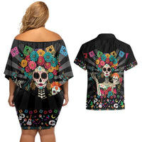 Mexican La Catrina Couples Matching Off Shoulder Short Dress and Hawaiian Shirt Viva Mexico Dia De Muertos - Wonder Print Shop