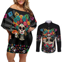 Mexican La Catrina Couples Matching Off Shoulder Short Dress and Long Sleeve Button Shirt Viva Mexico Dia De Muertos - Wonder Print Shop