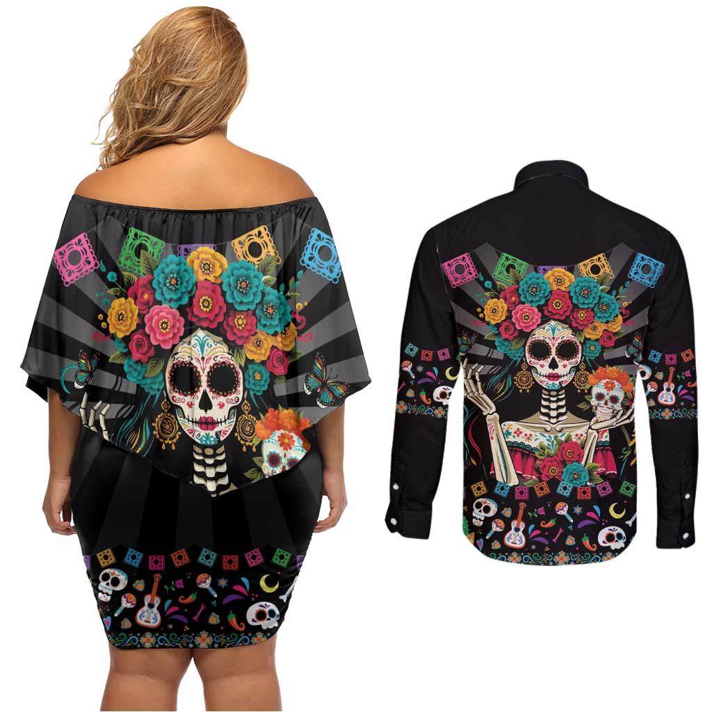 Mexican La Catrina Couples Matching Off Shoulder Short Dress and Long Sleeve Button Shirt Viva Mexico Dia De Muertos - Wonder Print Shop