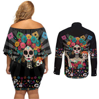 Mexican La Catrina Couples Matching Off Shoulder Short Dress and Long Sleeve Button Shirt Viva Mexico Dia De Muertos - Wonder Print Shop
