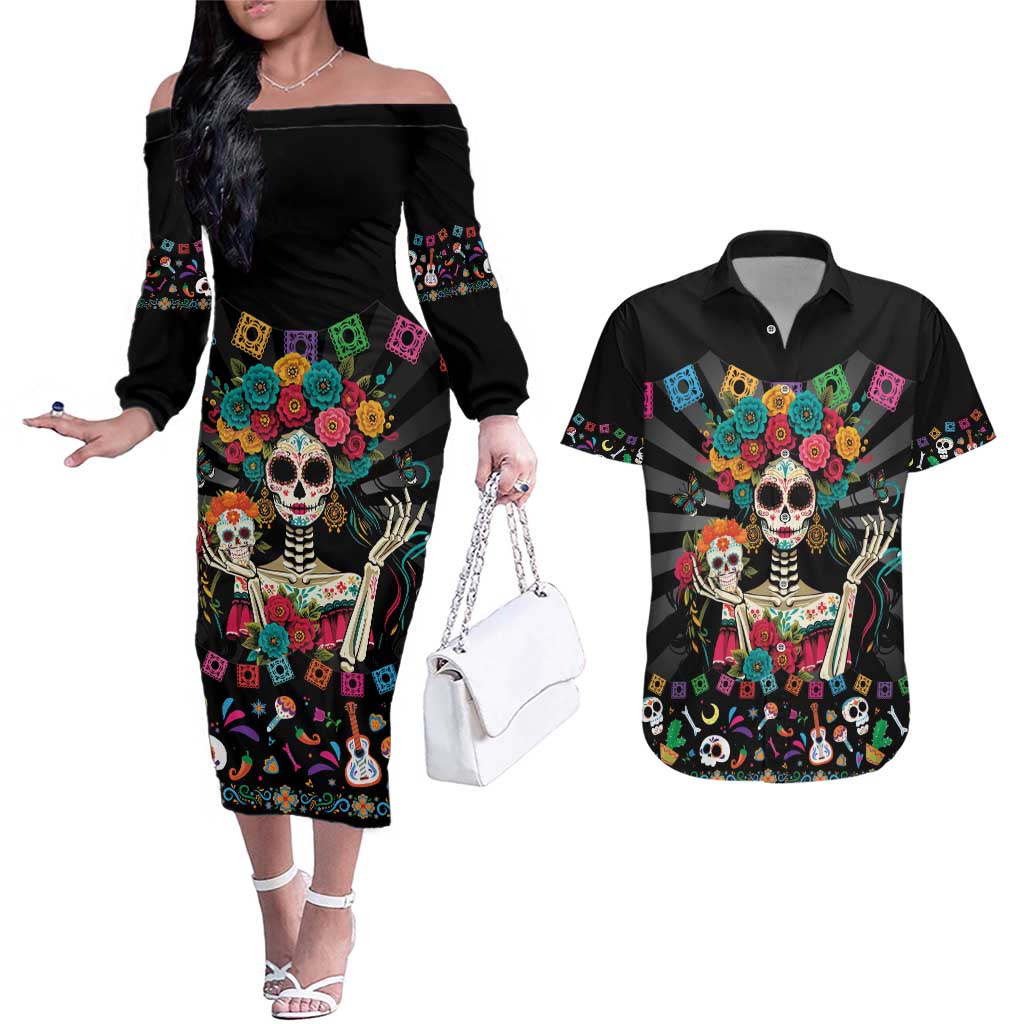 Mexican La Catrina Couples Matching Off The Shoulder Long Sleeve Dress and Hawaiian Shirt Viva Mexico Dia De Muertos - Wonder Print Shop