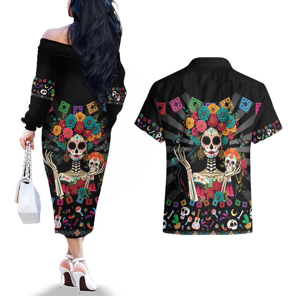 Mexican La Catrina Couples Matching Off The Shoulder Long Sleeve Dress and Hawaiian Shirt Viva Mexico Dia De Muertos - Wonder Print Shop