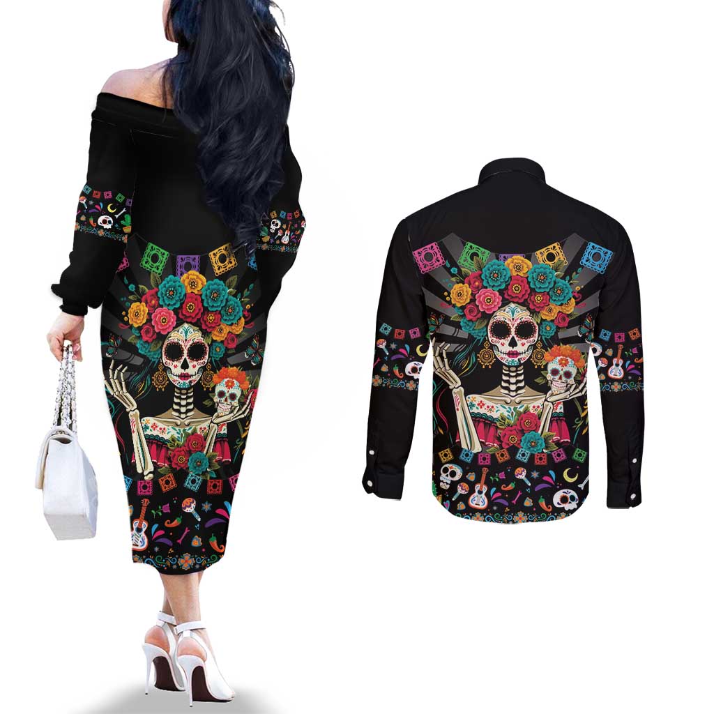 Mexican La Catrina Couples Matching Off The Shoulder Long Sleeve Dress and Long Sleeve Button Shirt Viva Mexico Dia De Muertos - Wonder Print Shop