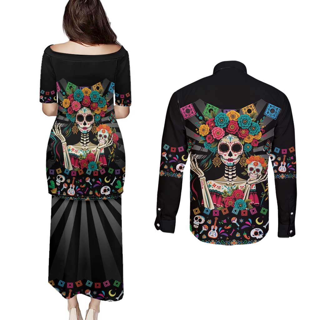 Mexican La Catrina Couples Matching Puletasi and Long Sleeve Button Shirt Viva Mexico Dia De Muertos - Wonder Print Shop